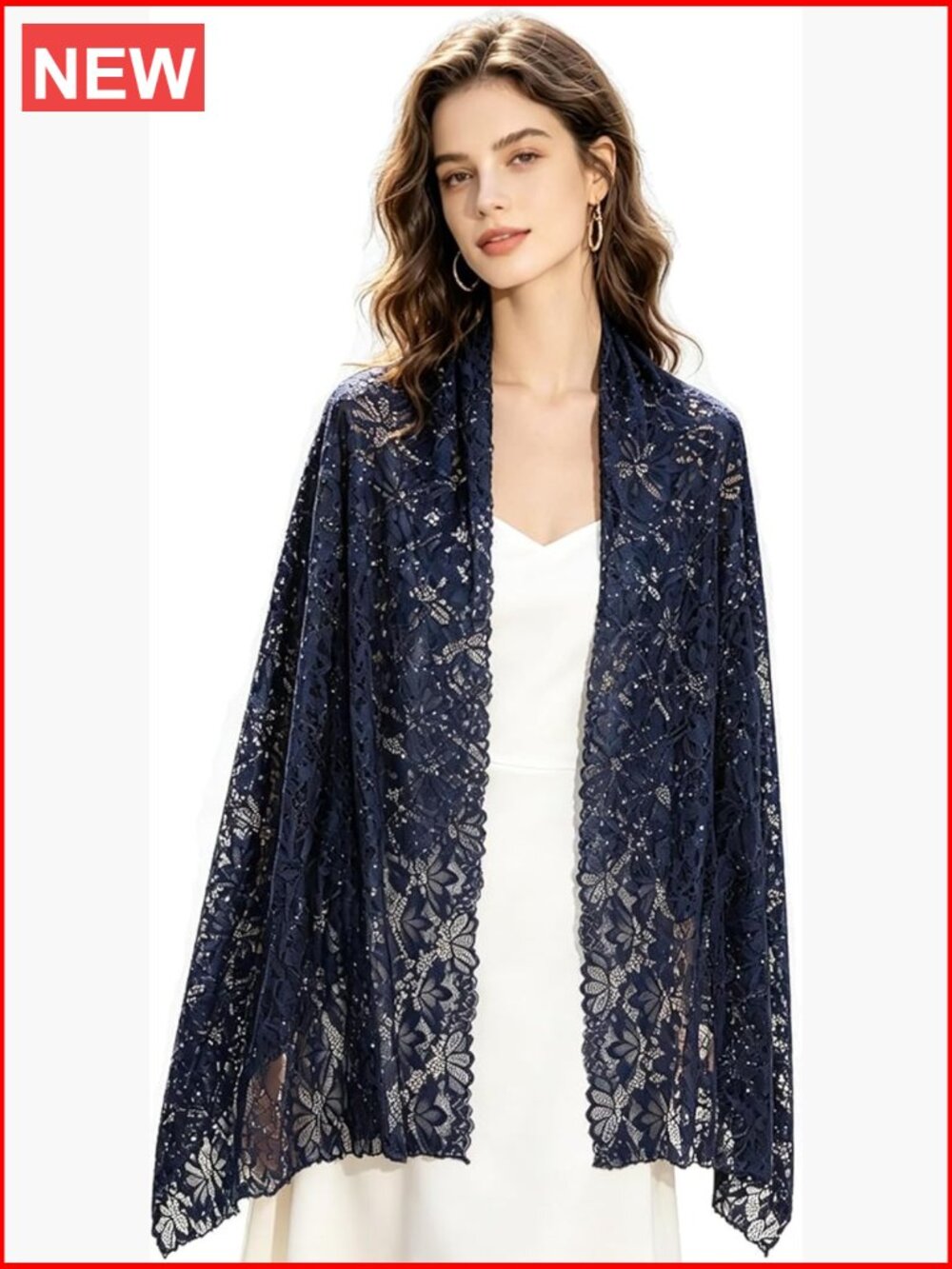 Lace Wrap Shawl with Rhinestone Floral Pattern Lightweight Sheer Cover-Up for